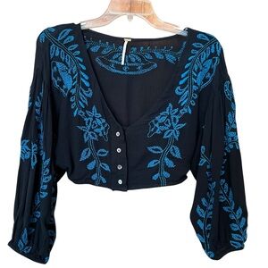 Free People Black With Blue Embroidered Bolero Puff Sleeve Button Front Top 4